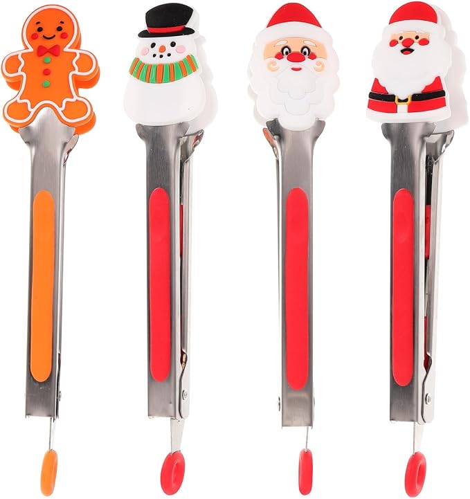 4PCS Christmas Silicone Mini Tongs, 8 Inch Christmas Style Tongs, Small Colourful for Serving Food, Ice Cube, fruits, Sugar