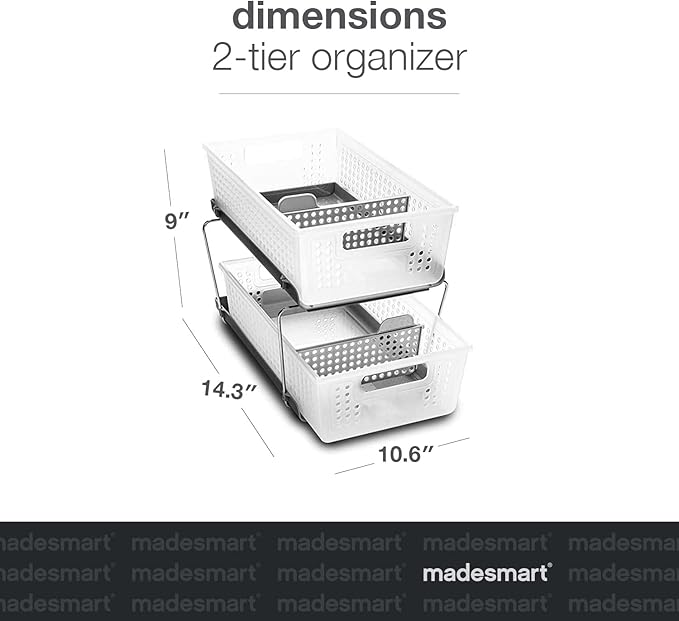 madesmart Two Tier Organizer with Dividers, Frost | pull out bins, tiered access, cleaning supplies, under sink use, pantry bottles, woman owned