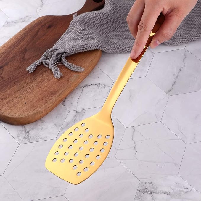 6 Pcs Gold Slotted Turner, Stainless Steel Titanium Plated Spatula, Ergonomic Integral Forming Long Handle-Dishwasher Safe(13 inches/33.2cm)