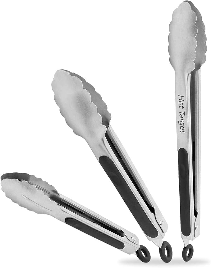 Set of 3: 7, 9, 12 inches, Heavy Duty, Non-Stick, Stainless Steel Silicone BBQ and Kitchen Tongs. Heat resistant up to 600°F (Silver)