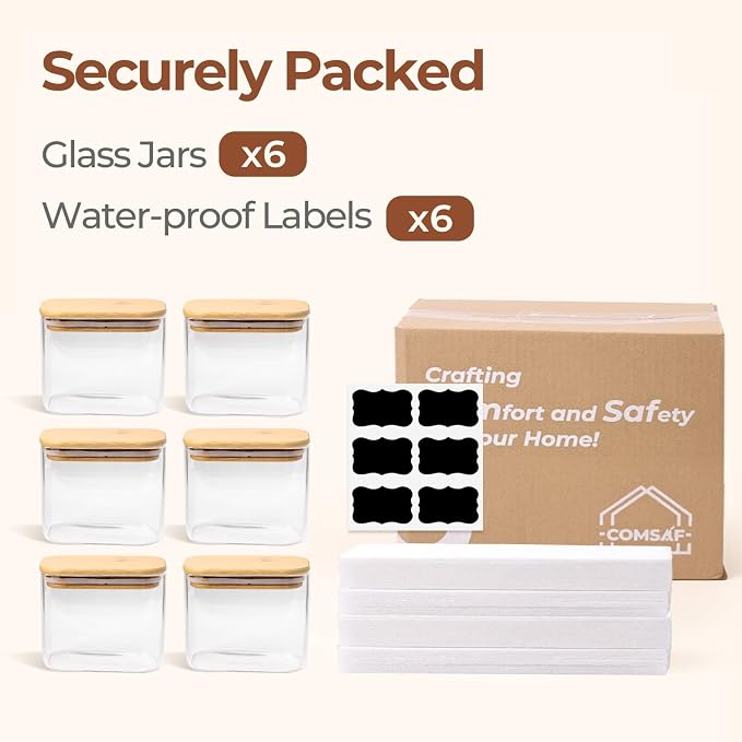 ComSaf Small Glass Containers With Lids 0.7 Qt, Set of 6 Glass Storage Jars | Rectangle Glass Pantry Storage Container, Kitchen Canisters 25oz, Snack Station Organization, Size For Subpackage, BPA Free