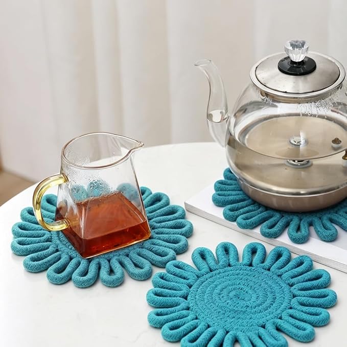 Kitchen Trivets for Hot Dishes Potholders for Countertop Hot Pads Hot Mats or Trivets for Hot Pots and Pans Home Essentials Boho Farmhouse Kitchen Decor Set of 3, 100% Cotton,7.5" (Turquoise)