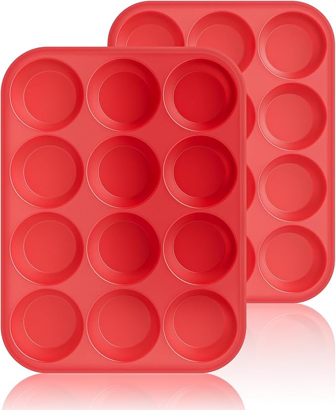 2Pack Silicone Muffin Pans with Metal Reinforced Frame,12 Cup Regular Size Silicone Cupcake Pan,Muffin Tin,Nonstick Cupcake Baking Molds for Muffins,Cupcakes,Egg Bites,BPA Free (2Pack Red)