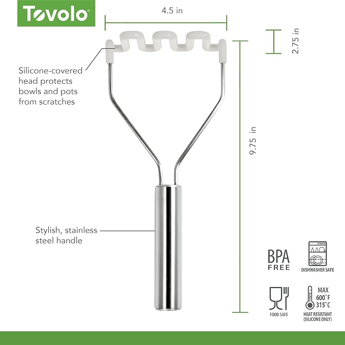 Tovolo Silicone Potato Masher Stainless Steel Handle White Dishwasher Safe Heat Resistant Non Scratch Handheld Coil Wire Potato Smasher for Nonstick Pans Ergonomic Kitchen Food Prep Tool