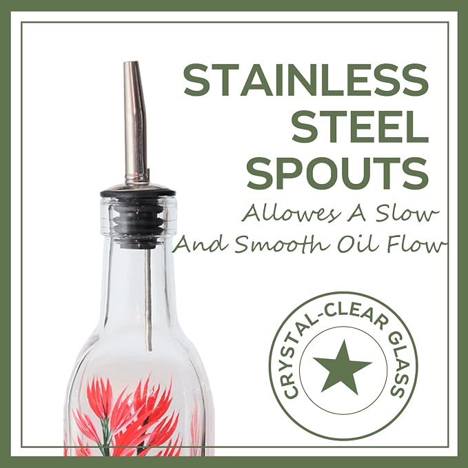 17oz Hand Painted Glass Olive Oil Bottle - 500ml Green Oil & Vinegar Cruet with Pourers - Olive Oil Carafe Decanter for Kitchen (Red and blue flower)