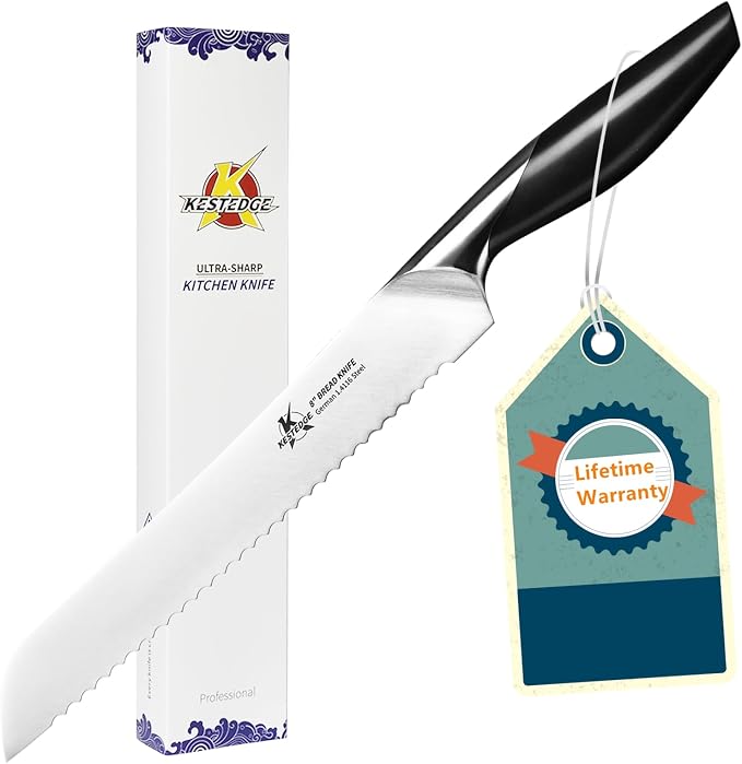 8 Inch Serrated Bread Knife German Steel Sourdough Slicer | German 1.4116 Steel, Dolphin-Curved Serrated Blade, Ambidextrous ABS Handle, Full Tang, for Sourdough and Artisan Breads