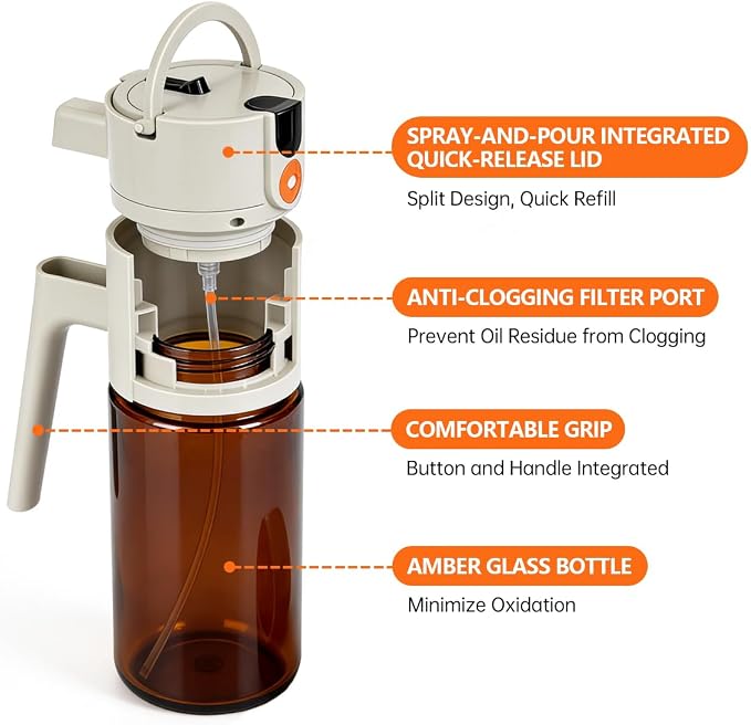 KEOUKE 2 in 1 Oil Sprayer & Dispenser for Cooking, 500ml Light-Blocking Glass Olive Oil Bottle with Gravity Sensing Cap, Ergonomic Push-Button Design for Air Fryer, BBQ, Salad