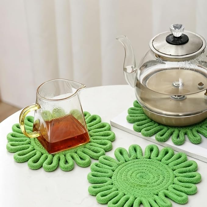 Kitchen Trivets for Hot Dishes Potholders for Countertop Hot Pads Hot Mats or Trivets for Hot Pots and Pans Home Essentials Boho Farmhouse Kitchen Decor Set of 3, 100% Cotton,7.5" (Olive Green)