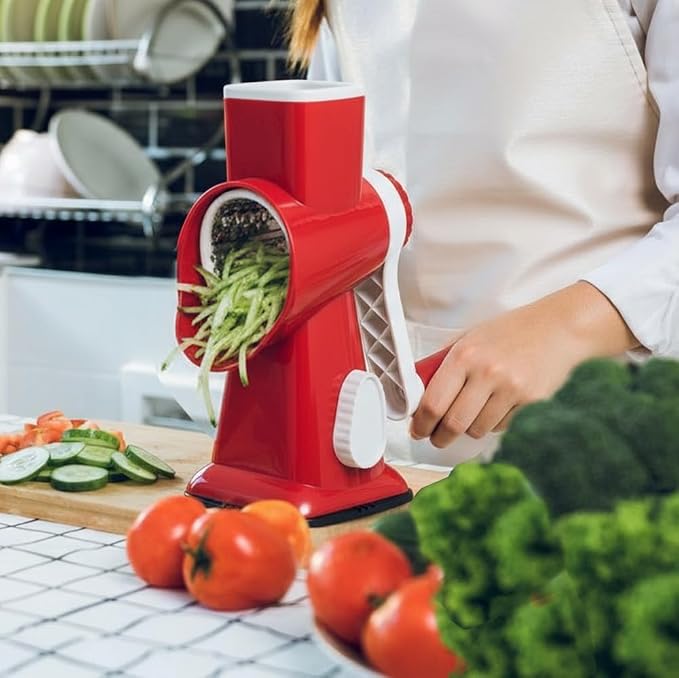 Cheese Grater with Handle, Multifunctional Manual Rotary Cheese Grater - Cheese Shredder Easily Chop Carrots, Potatoes, Vegetables and Fruits and Easy to Clean (Red)