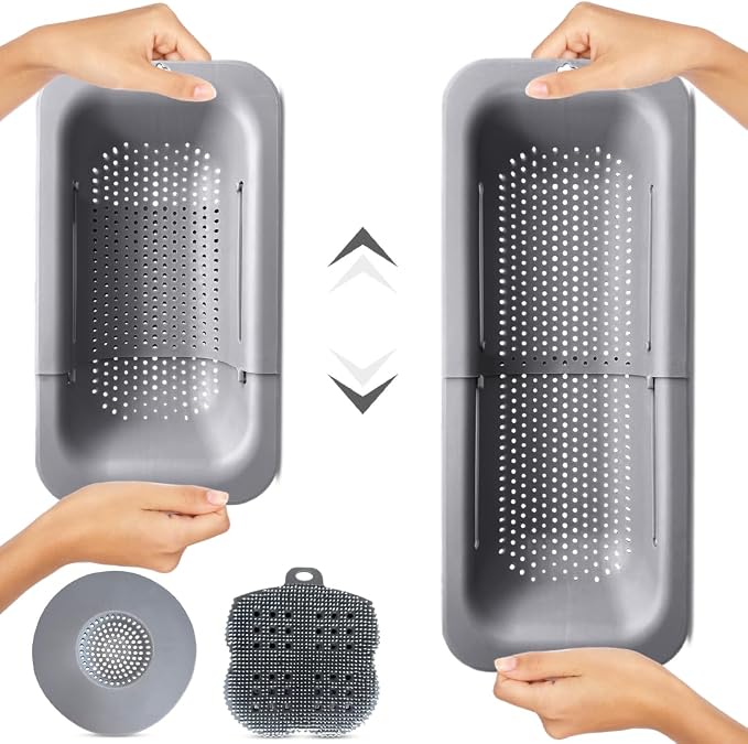 FERROFASIL Collapsible Colander Strainer Basket, Extendable Over the Sink Colander for Produce Washing, Drain Strainer and Brush, Home Apartment Essentials, 14x8x2, Gray