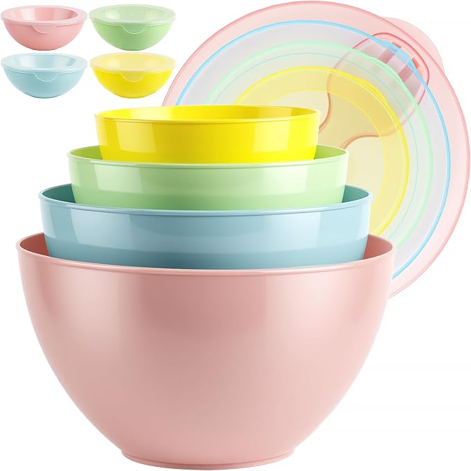 16 Piece Plastic Mixing Bowls with Lids Set includes 8 Prep Bowls & 8 Lids | Nesting Design, 2-in-1 Spoon-Fork, 1.1/2/3.4 /4.8QT, Large Salad Bowl for Preparing, Serving, and Storing, Dishwasher Safe