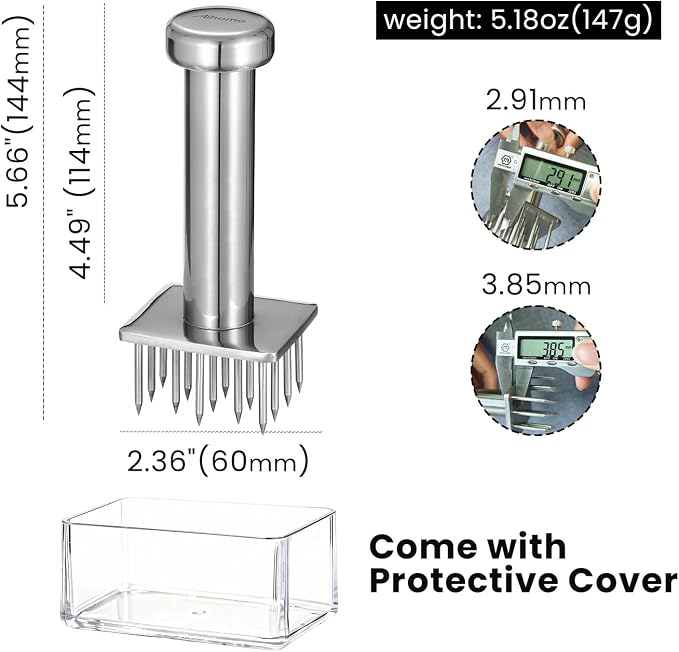 304 Stainless Steel Meat Tenderizer Tool with 18 Sharp Needles, Solid Needle Meat Tenderizer One-Piece Design, BBQ Marinade Gadgets for Steak, Beef, Chicken, Pork, Dishwasher Safe