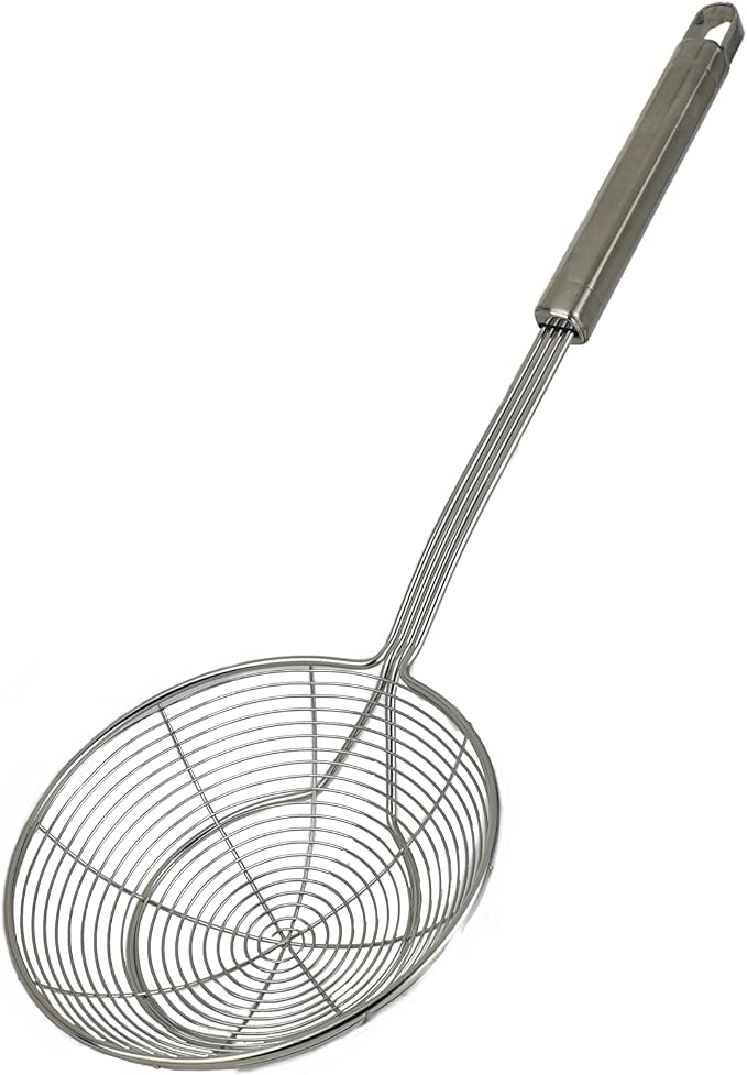 5.4 Inches Solid Stainless Steel Spider Strainer, Oil Skimmer, Kitchen Skimmer with Handle for Deep Frying, Wire Strainer for French Fries, Donuts, & Pasta by Lilly Labellum