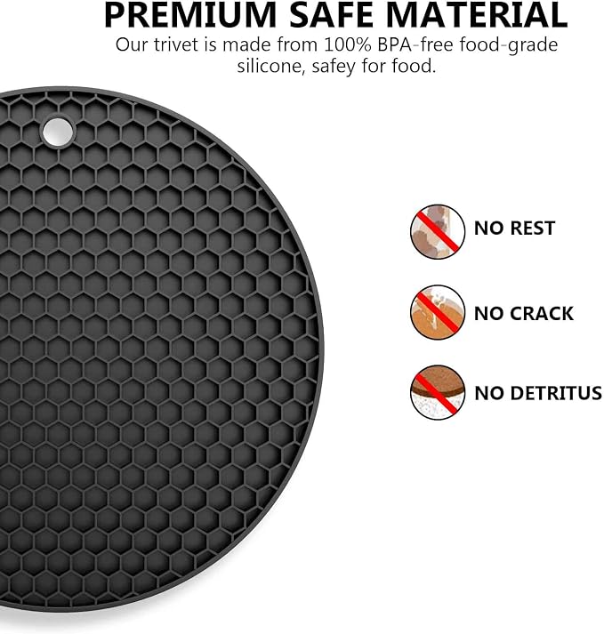 Silicone Trivet Mat — Heat Resistant 446°F Pot Holders for Hot Dishes, Non-Slip Hot Pads for Quartz & Granite Countertops, Multipurpose Kitchen Trivets, Black