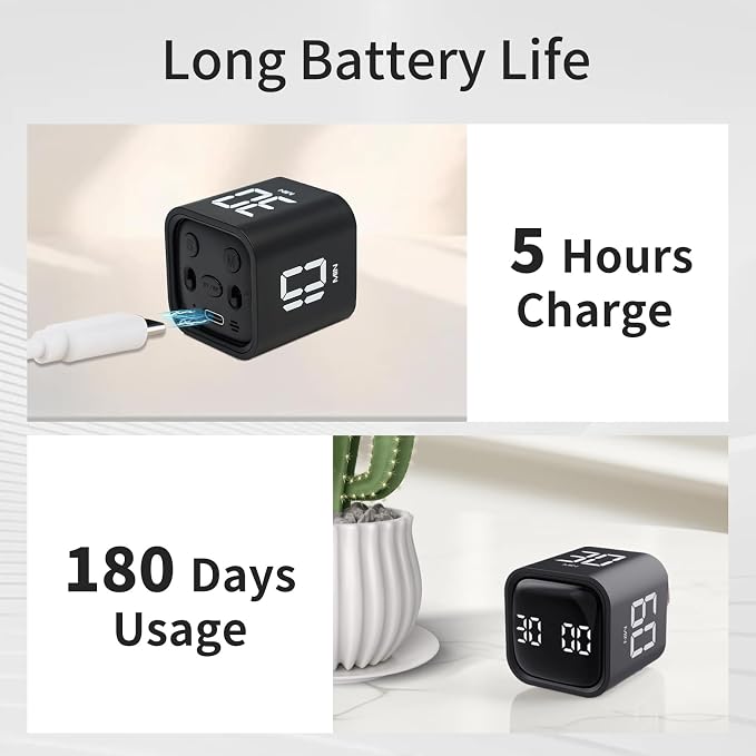 Productivity Timer Flip Gravity Sensor Cube Timer Countdown & Countup,Mute & Vibrate & Sound,5/10/30/60min & Custom Timing, Perfect for ADHD,Work,Learning,Kitchen Cooking (2 Black)