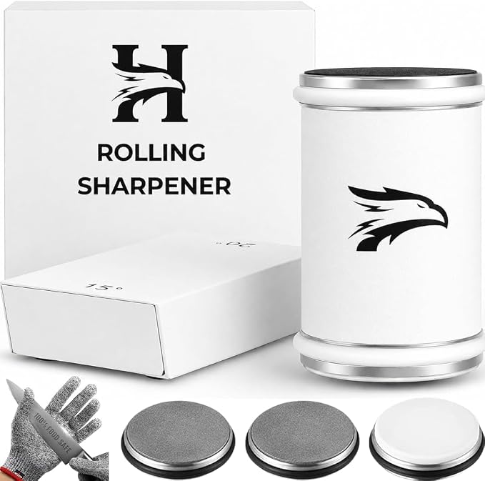 High Carbon Stainless Steel Rolling Knife Sharpener with 400, 1000 & 3000 Replacement Discs - Blunt Knife Sharpening Kit with 15 and 20 Degree Sharpening for Kitchen & Chef's Knives (White)