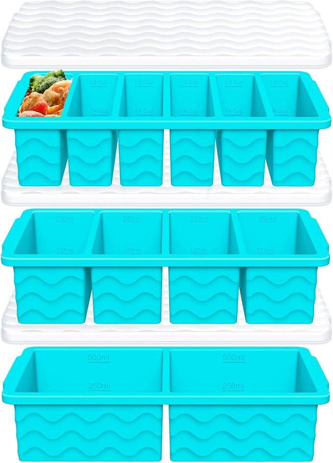 3-Pack Silicone Freezer Trays with Lid,2 Large 2-Cup(500ml)&4 Medium 1-Cup(250ml)&6 Small 1/2-Cup(125ml) Soup Freezer Container Molds,Ice Cube Tray For Meal Prep&Freezing Soup,Stews,Sauces