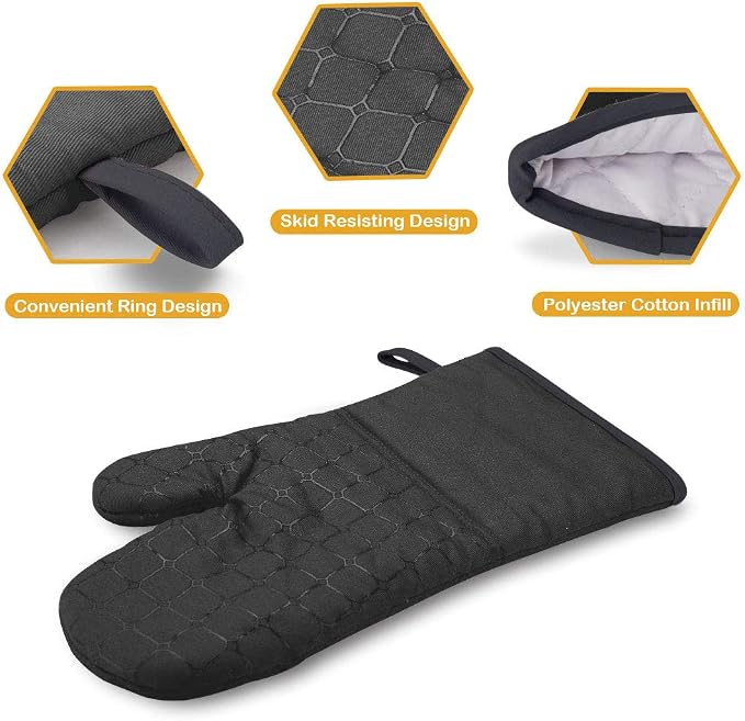 6 Pcs Oven Mitts and Pot Holders, 500℉ Heat Resistant Oven Mitts with Kitchen Towels Soft Cotton Lining and Non-Slip Silicone Surface Safe for Baking, Cooking, BBQ (Black)