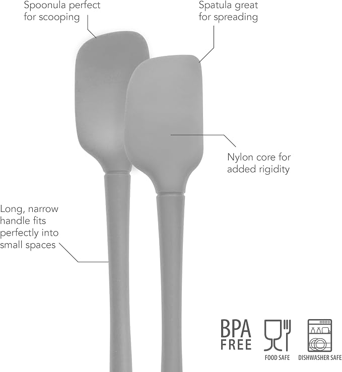 Tovolo Flex Core Mini Silicone Spatula Spoonula Set of 2 for Cast Iron Non Stick Cooking & Baking, Dishwasher Safe Spatula & Spoonula All Silicone Heat Resistant BPA Free Kitchen Utensil, Oyster Gray