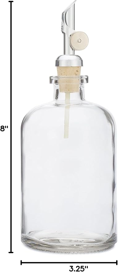 Rail19 Clear Glass Mouthwash Dispenser with Metal Pour Spout | Cooking Oil and Vinegar Dispenser - Perfect for the Bathroom, Kitchen & Tabletop, 13oz (Silver)
