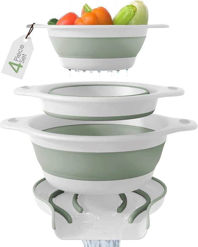 Gevoli Collapsible Colanders (3 Pack Set) Food Strainers with Over-Sink Water Draining Base for Pasta Fruits and Vegetables, White/Sage (3 Sizes, 3QT, 4QT and 5 Quart)