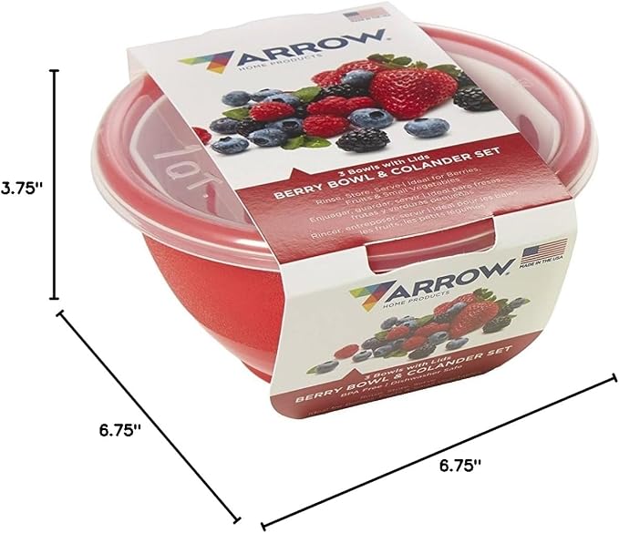 Arrow Berry Bowl & Berry Colander Set - Fruit Strainer Container with Lid - Rinse, Store & Serve - Dishwasher Safe, BPA Free - 1 Quart, Assorted Colors (Red or Green) - Made in USA