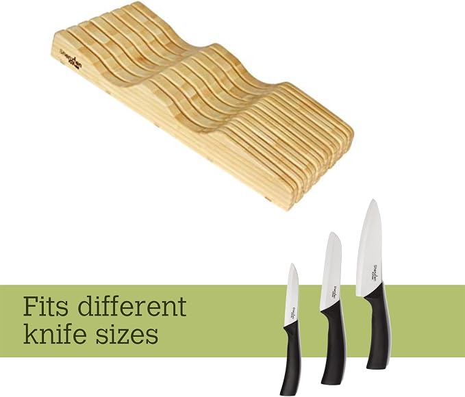 X-Large In-Drawer Bamboo Knife Block: 15 Slot (Holds 12-15 Knives) Empty Wooden Knife Holder for Kitchen Drawers - Cutlery Tray Organizer & Storage