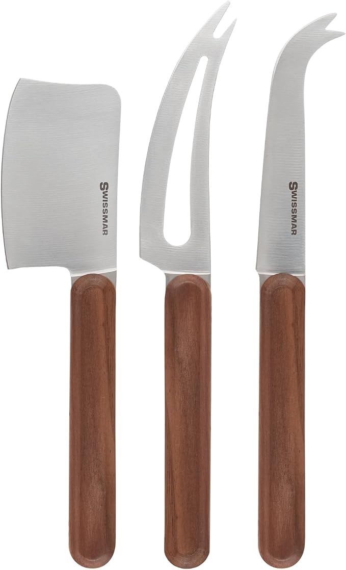 Swissmar Timber 3-Piece Cheese Knife Set for Charcuterie Board – Elegant Utensils for Slicing Soft & Hard Cheeses - Stainless Steel Blades with Walnut Handles - Perfect for Kitchen Collection