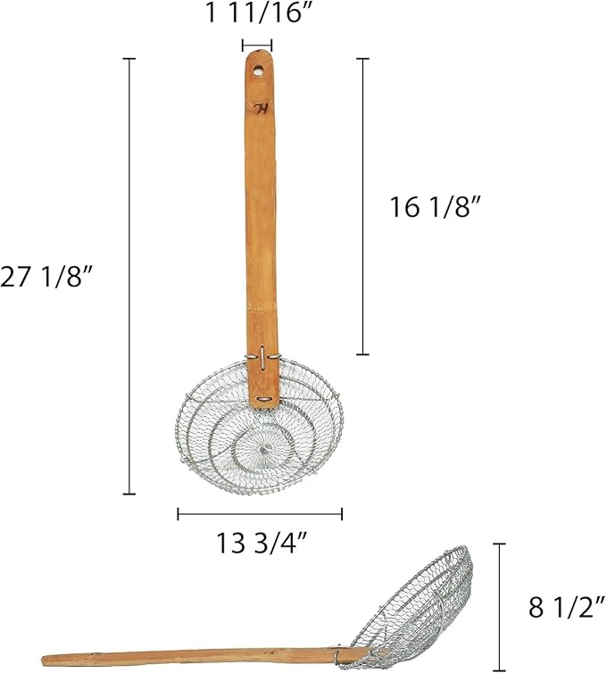 TrueCraftware- 14” Galvanized Steel Fine Mesh Skimmer with Natural Bamboo Handle- Spider Strainer Ladle Kitchen Frying Food Pasta Spaghetti for Cooking and Frying Pasta Strainer Spoon