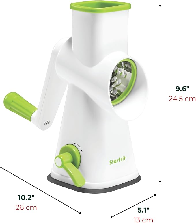 Starfrit Drum Grater - 3 Interchangeable Stainless Steel Barrels - Slice, Coarse and Fine Grating - Vegetable, Cheese, Nuts, Chocolate
