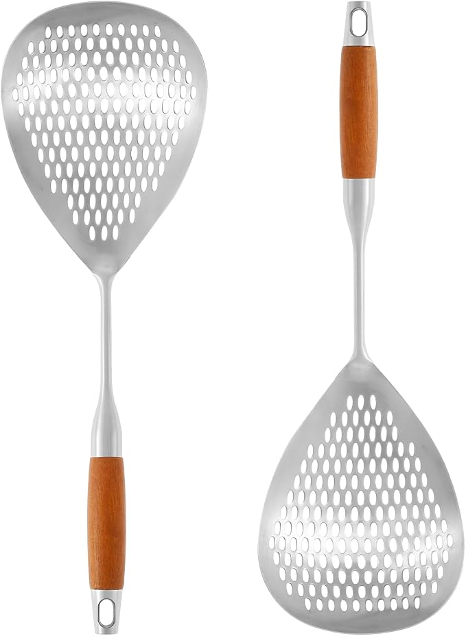 2 Pcs Skimmer Slotted Spoon, Skimmer Spoon, 16.4" Strainer Spoon Pasta Strainer/Frying Spoon with Anti Scald Wood Handle, Heat Resistant Skimmer Ladle Spoon for Cooking, Kitchen Metal Scoop Colander
