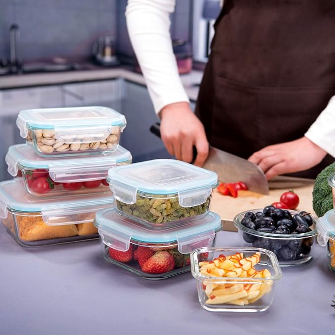AILTEC Glass Food Storage Containers with Lids 9 Pack, 3 Shape Airtight Set | Ideal for Meal Prep, Lunch, Leak Proof, Borosilicate Glass Reusable, Microwave, Oven, Freezer Dishwasher Safe, BPA Free