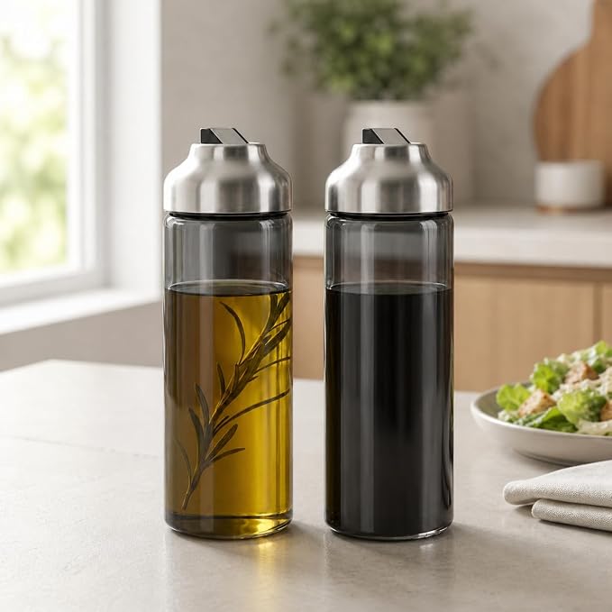 Aelga Olive Oil Dispenser Bottle for Kitchen, 2-Pack 14oz Dark Glass Oil and Vinegar Dispenser Set, Auto Flip Lid, UV-Protected Cooking Oil Cruet with Drip-Free Pour Spout