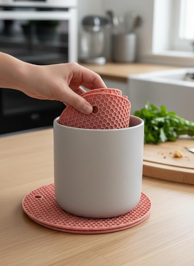 6-Pack Silicone Trivet Mats, Heat Resistant Hot Pads, Dishwasher Safe Kitchen Mats, BPA-Free Pot Holders for Table, Countertop, Stove, Honeycomb Design (Pink, 7“ Round)