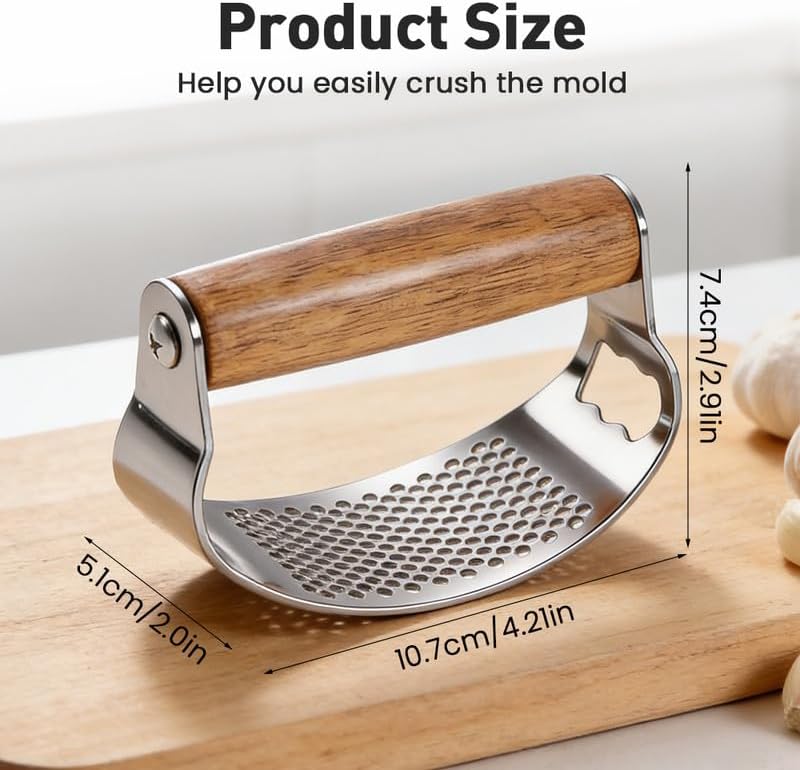 Stainless Steel Garlic Press Rocker with Garlic Peeler & Cleaning Brush
