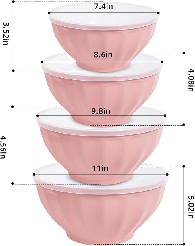 Mixing Bowls with Lids Set,4 Piece Large Plastic Nesting Bowls,Includes 4 Microwave safe Mixing Bowl and An Egg Whisk for Kitchen Prepping,Baking,Cooking Food, Pink