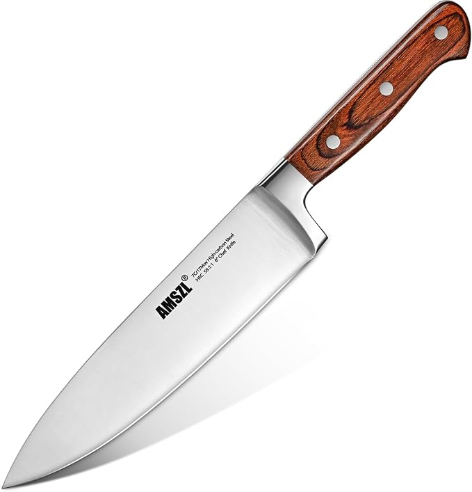 8 Inch Chef Knife German 7Cr17MoV Carbon Steel Full Tang Pakkawood | German 7Cr17MoV steel + full tang construction + 15° razor edge + ergonomic pakkawood handle. For slicing, dicing, chopping
