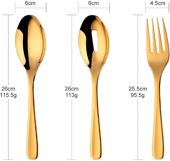 Long Handle Serving Set, 10 inch Stainless Steel Polished Server Spoon, Fork, Slotted Spoons, Set of 3 (Gold)