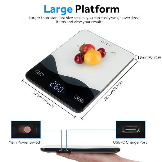 AIMILAR USB-C Rechargeable Kitchen Scale 22lb Tempered Glass Touch LED | USB-C rechargeable kitchen scale, 22lb/10kg, touch LED, 4 units & auto shut off for baking meal prep