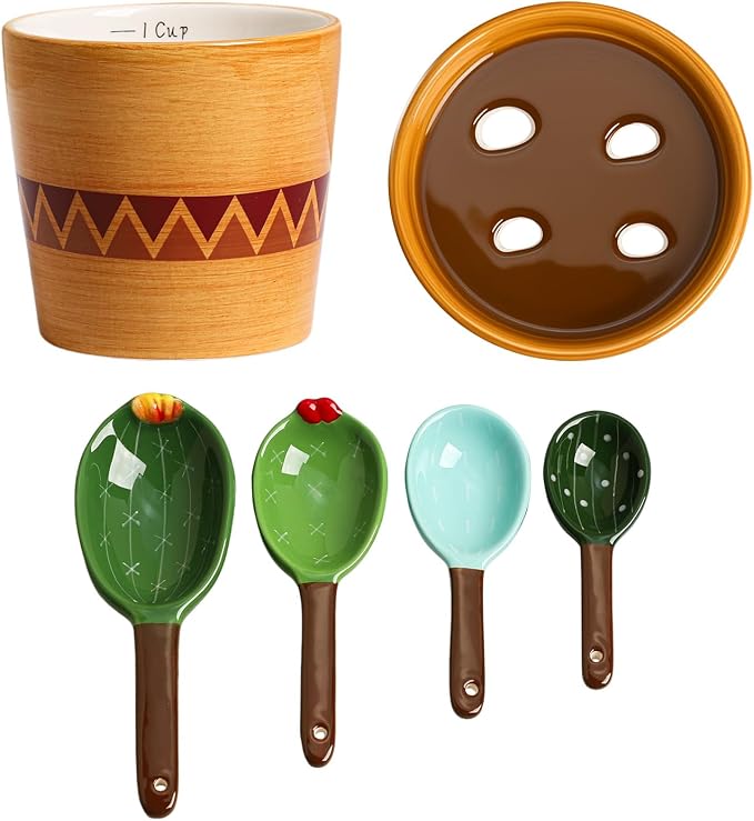 Sizikato 4pcs Porcelain Measuring Spoons with Base, Cute Cactus Shape