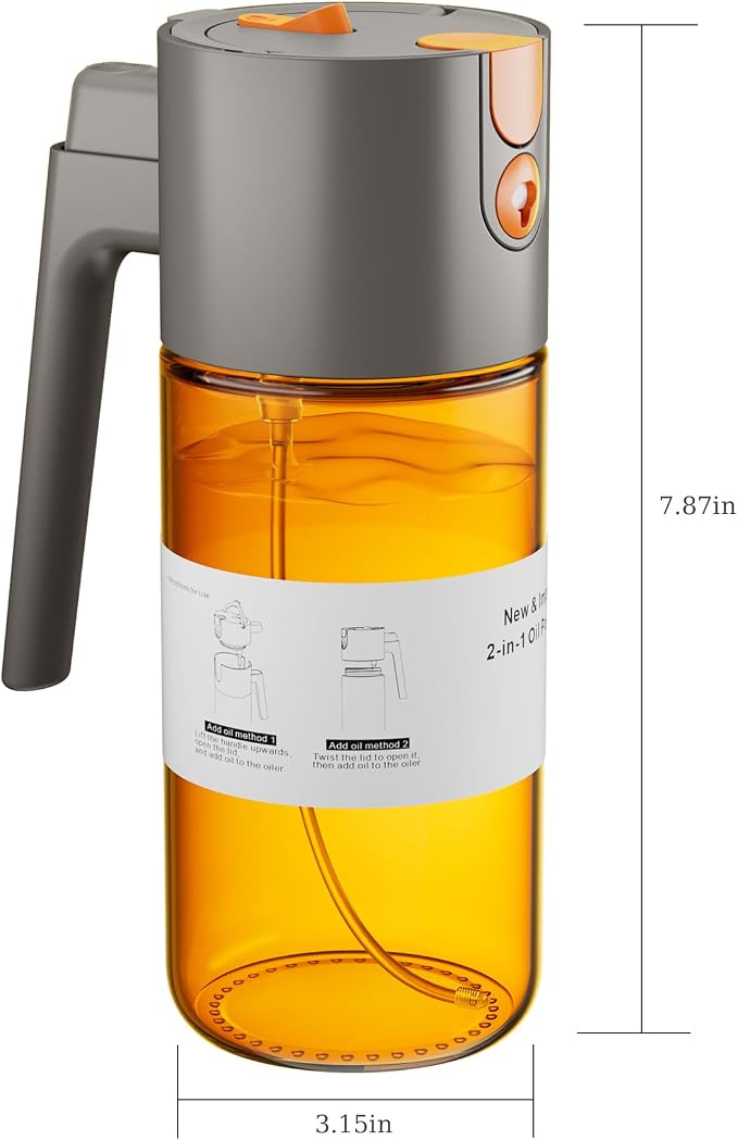 LAKUMIQI 2 in 1 Oil Sprayer for Cooking, 17oz | Light-Blocking Glass Spray Bottle with Stickers, Oil Dispenser for Salad, Air Fryer & BBQ