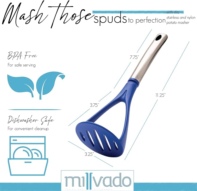 Millvado Potato Masher, Strong Stainless Steel Handle with Heavy Duty Plastic Base, 11.5 Inch Blue Mashed Potatos Masher, Hand Smasher for Vegtables