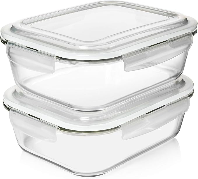 Razab 10 Cups/ 80 Oz 4 Pc (Set of 2) Glass Food Storage Containers with Airtight Locking Lids For Storing & Serving Food. BPA Free & Leak Proof - Microwave, Dishwasher, Fridge, Freezer, Oven Safe