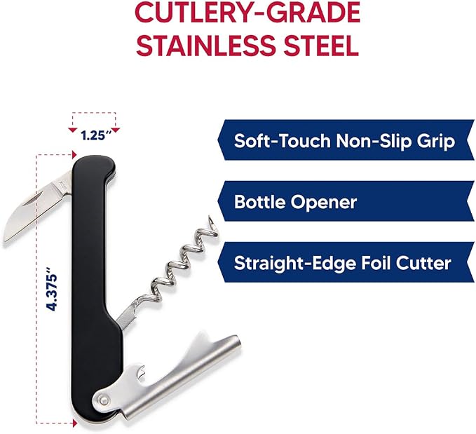 HIC Kitchen Bar Soft-Touch Waiter’s Corkscrew, Non-Slip Grip, Easy Removal For Natural And Synthetic Corks, Built-In Foil Cutter, Wine Accessory