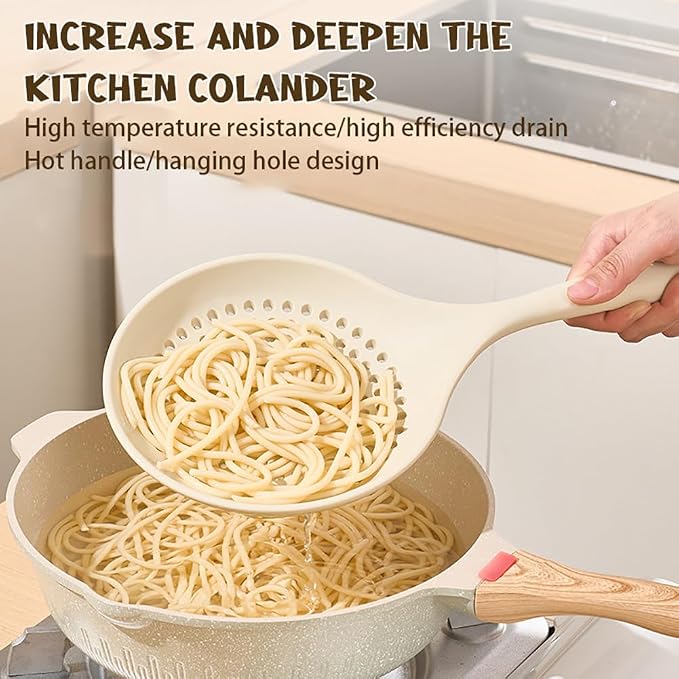Kitchen Ladle Strainer, Large Slotted Spoon with High Heat Resistant BPA Free, Strainer Scoop for Pasta Noodles Vegetables, Non Stick Cooking Skimmers for Draining & Frying, Beige