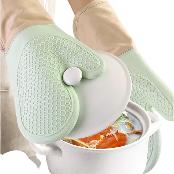 6-Piece Silicone Oven Mitts Set, Heat Resistant Kitchen Gloves with Soft Cotton Lining, Pot Holders & Mini Mitts for Cooking, Baking, BBQ – Light Green