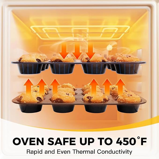 Muffin Pans with 120 Natural Parchment Liners, Nonstick Cupcake Baking Tray for Oven, Premium Standard Size, 12 Cup, 2 Pack, Dark Grey