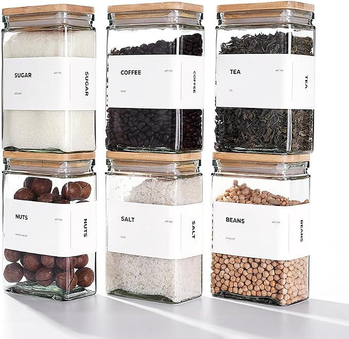 Glass Storage Jars with Bamboo Lid, glass canisters with airtight lids, Clear jars with lids for Spice, Cookie, Candy, Tea, Coffee Bean and Rice (White, 26 oz, Set of 6)