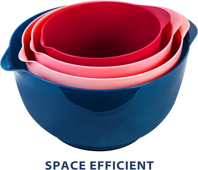 BoxedHome Classic Mixing Bowls Set of 4, BPA Free Plastic, Microwave Safe | 4.5, 3.5, 2.5 and 1.7 Quarts, Non-slip Base Large Non-toxic Nesting Bowl with Pour Spout, Dishwasher Safe, for Prep, Cooking