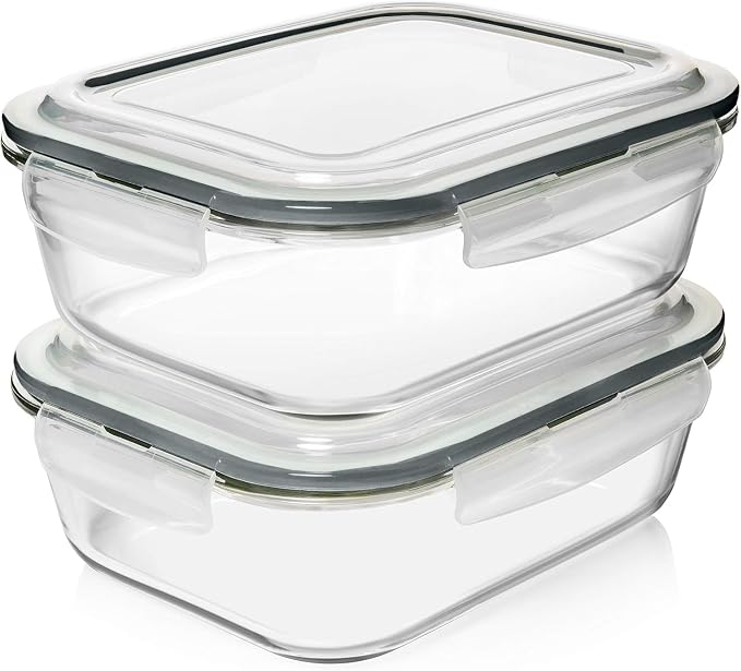 Razab 10 Cups/ 80 Oz 4 Pc (Set of 2) Glass Food Storage Containers with Airtight Locking Lids For Storing & Serving Food. BPA Free & Leak Proof - Microwave, Dishwasher, Fridge, Freezer, Oven Safe